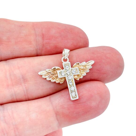 Vintage Sterling Silver 925 Winged Cross Pendant | Cubic Zirconia | Christian - Picture 1 of 7